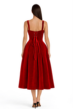 Load image into Gallery viewer, Velvet Midi Gown With Lace Accent & Detached Sleeves – Red