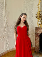 Load image into Gallery viewer, Velvet Midi Gown With Lace Accent & Detached Sleeves – Red