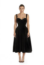 Load image into Gallery viewer, Elegant black velvet midi dress featuring a structured bodice and corset back with lace detailing on the bust, and a pleated full volume skirt for an hourglass silhouette. Ideal for special occasions like Valentine’s Day, birthdays, date nights, black-tie events, or upscale evening wear.