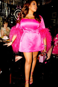 Tailored Fit Flare Dress in Hot Pink With Feathered Sleeves