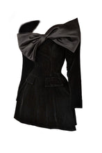 Load image into Gallery viewer, Elegant black velvet mini dress with an oversized satin bow neckline, structured pleated skirt for added volume, and luxurious detailing—ideal for formal events, cocktail parties, and evening occasions.
