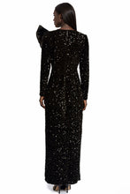 Load image into Gallery viewer, Full length fitted sequin gown with an oversized satin bow detail