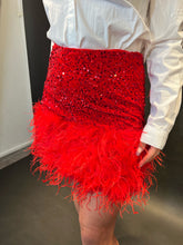 Load image into Gallery viewer, feather trimmed mini skirt in red sequinned velvet