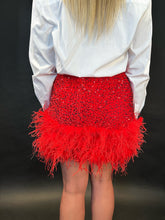 Load image into Gallery viewer, feather trimmed mini skirt in red sequinned velvet