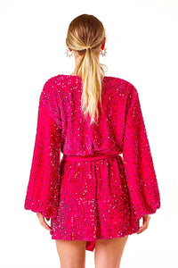 Long Sleeve Wrap Dress In Pink Sequin Velvet - V Karla Onochie