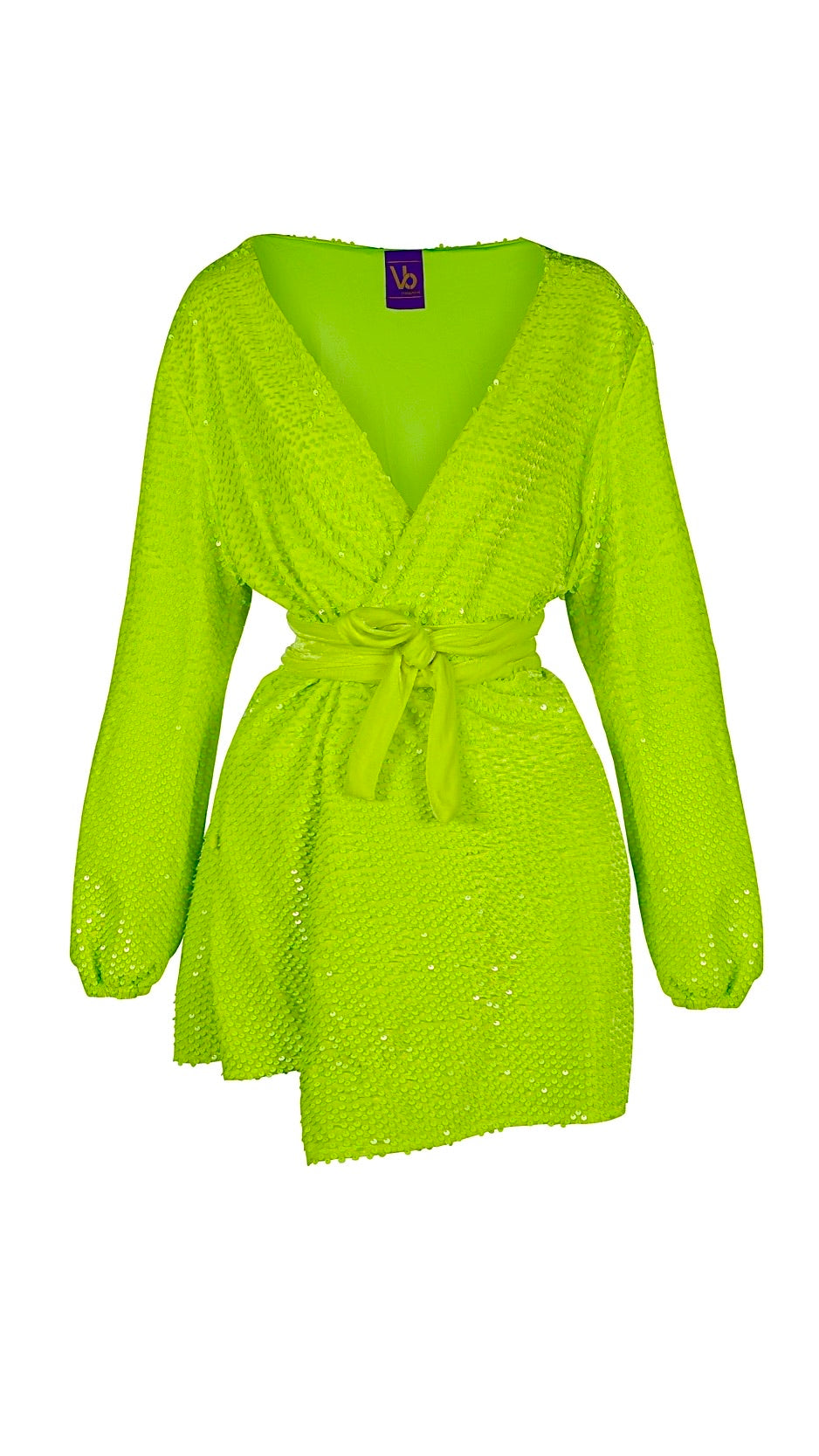 Long Sleeve Wrap Dress In Lime Green Sequin Velvet