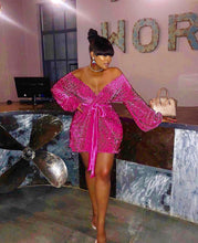 Load image into Gallery viewer, Long Sleeve Wrap Dress In Pink Sequin Velvet - V Karla Onochie