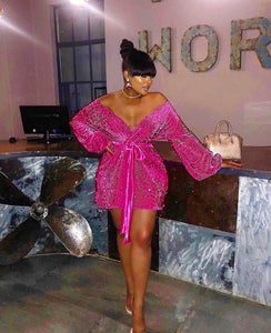 Long Sleeve Wrap Dress In Pink Sequin Velvet - V Karla Onochie
