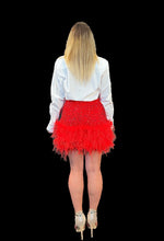 Load image into Gallery viewer, feather trimmed mini skirt in red sequinned velvet