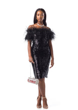 Load image into Gallery viewer, Feathered Bandeau Dress in Black Sequinned Velvet - V Karla Onochie