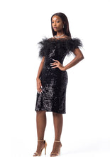 Load image into Gallery viewer, Feathered Bandeau Dress in Black Sequinned Velvet - V Karla Onochie