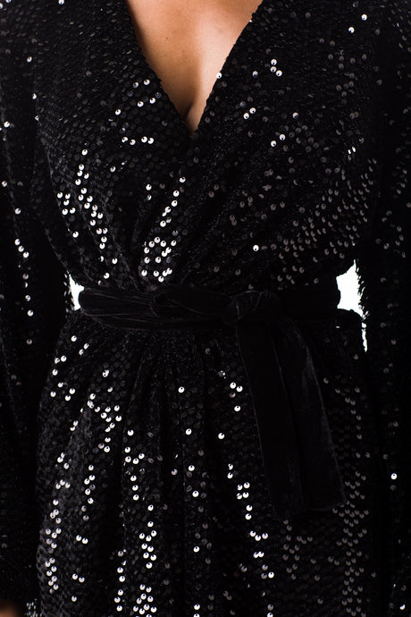 Long Sleeve Wrap Dress In Black Sequin Velvet - V Karla Onochie
