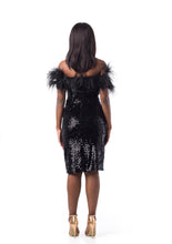 Load image into Gallery viewer, Feathered Bandeau Dress in Black Sequinned Velvet - V Karla Onochie