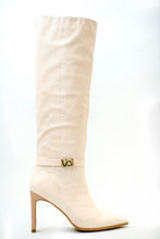 Load image into Gallery viewer, croc effect knee high boots in cream chameleon