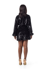 Load image into Gallery viewer, Long Sleeve Wrap Dress In Black Sequin Velvet - V Karla Onochie