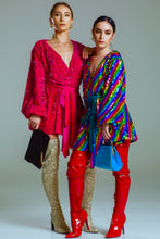 Load image into Gallery viewer, Long Sleeve Wrap Dress In Pink Sequin Velvet - V Karla Onochie