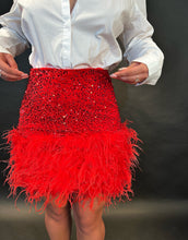 Load image into Gallery viewer, feather trimmed mini skirt in red sequinned velvet