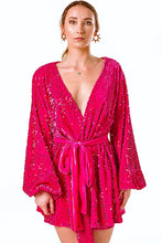 Load image into Gallery viewer, Long Sleeve Wrap Dress In Pink Sequin Velvet - V Karla Onochie
