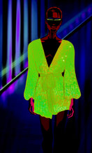 Load image into Gallery viewer, Long Sleeve Wrap Dress In Neon Sequin Velvet - V Karla Onochie