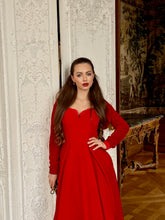 Load image into Gallery viewer, Velvet Midi Gown With Lace Accent &amp; Detached Sleeves – Red
