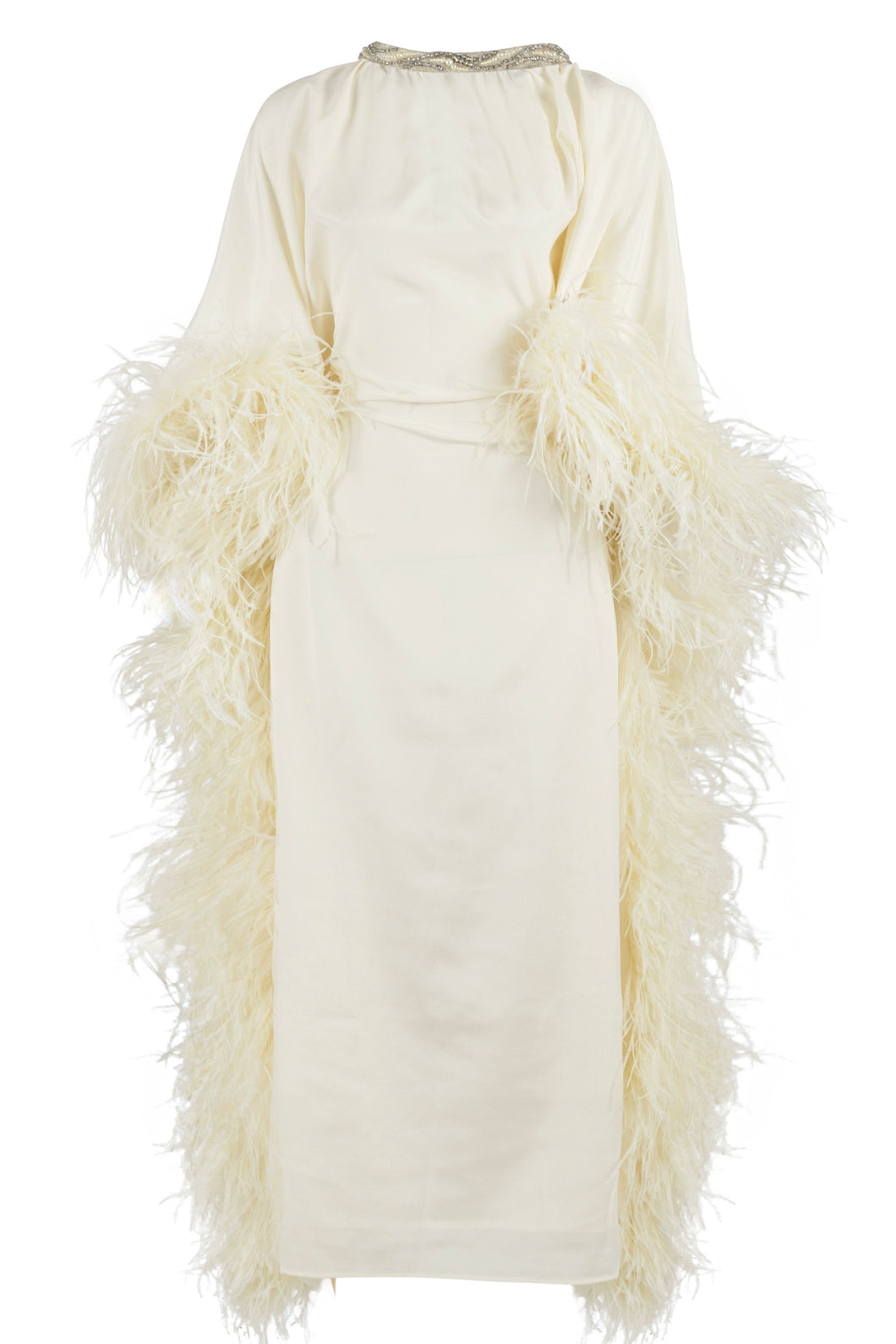 High Neck Feathered Kaftan In Ivory