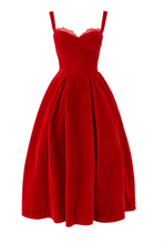 Load image into Gallery viewer, Velvet Midi Gown With Lace Accent &amp; Detached Sleeves – Red
