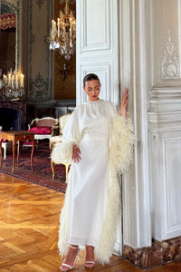 High Neck Feathered Kaftan In Ivory