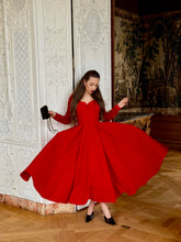 Load image into Gallery viewer, Velvet Midi Gown With Lace Accent &amp; Detached Sleeves – Red
