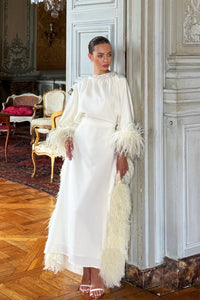 High Neck Feathered Kaftan In Ivory