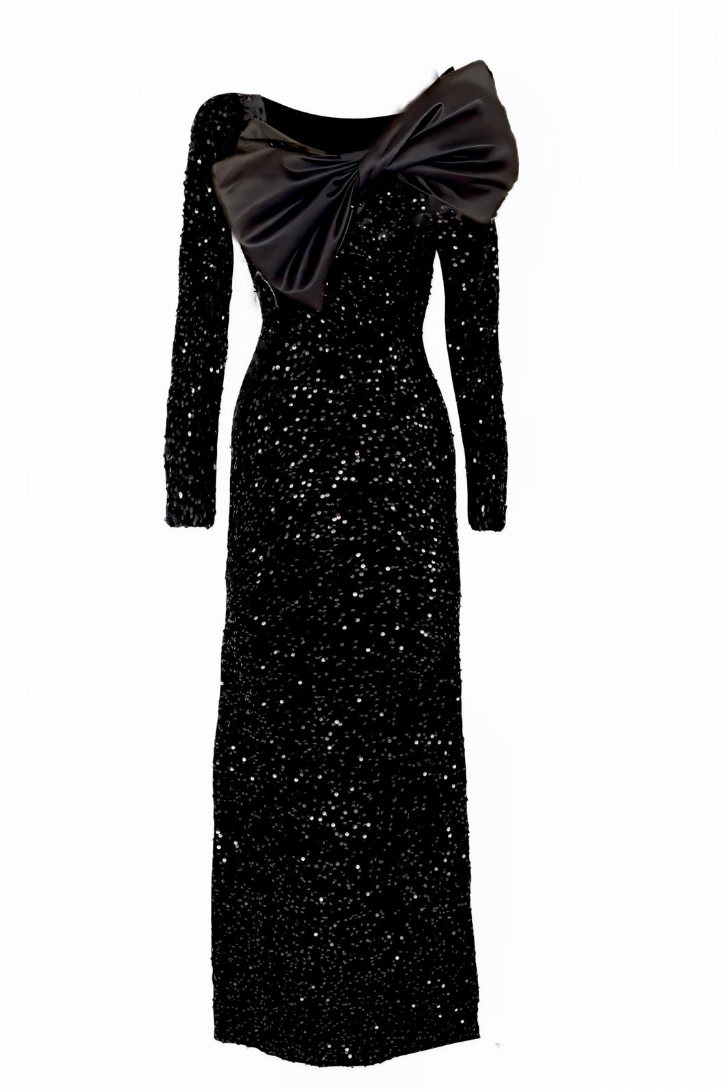 Black sequinned velvet gown. Full length bodycon with a satin bow perfect for red carpet events and black tie soirees.