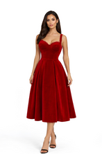 Load image into Gallery viewer, Velvet Midi Gown With Lace Accent &amp; Detached Sleeves – Red
