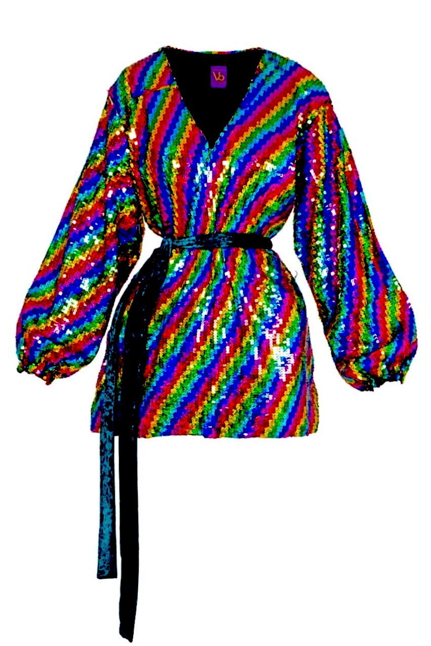 Long Sleeve Wrap Dress In Rainbow Sequin