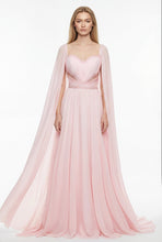 Load image into Gallery viewer, Pink evening gown with cape on a white background
