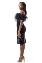 Load image into Gallery viewer, Feathered Bandeau Dress in Black Sequinned Velvet
