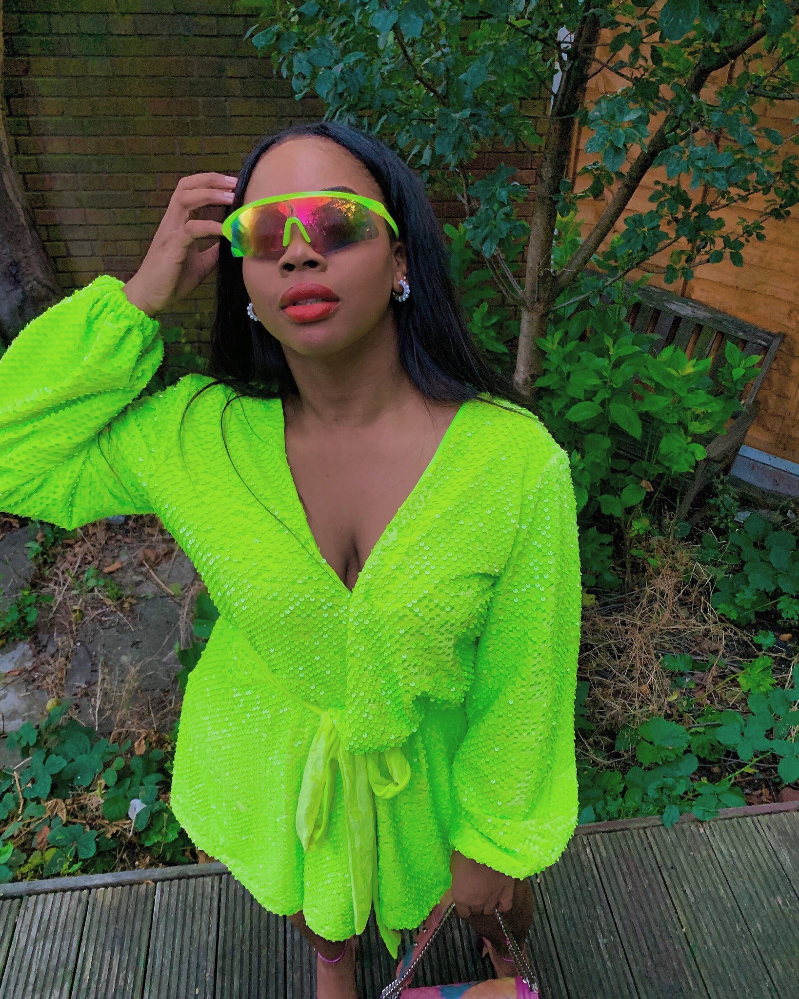 neon green wrap dress Silk Long Sleeve Wrap Dress