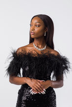 Load image into Gallery viewer, Feathered Bandeau Dress in Black Sequinned Velvet - V Karla Onochie
