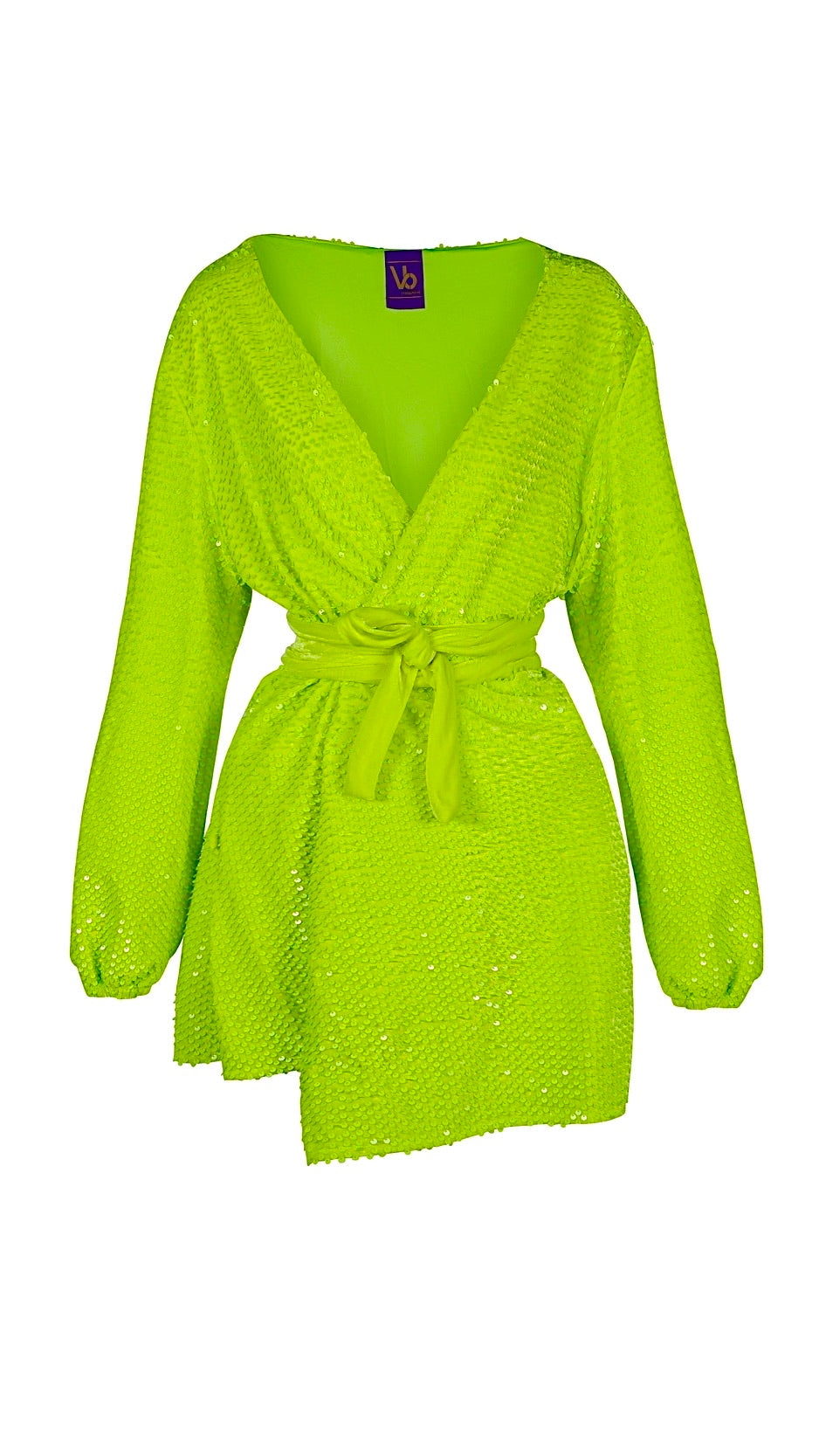 Long Sleeve Wrap Dress In Lime Green Sequin Velvet Long Sleeve Wrap Dress In Lime Green Sequin Velvet