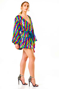 Long Sleeve Wrap Dress In Rainbow Sequin - V Karla Onochie