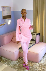 two piece pearl embellished suit in pink