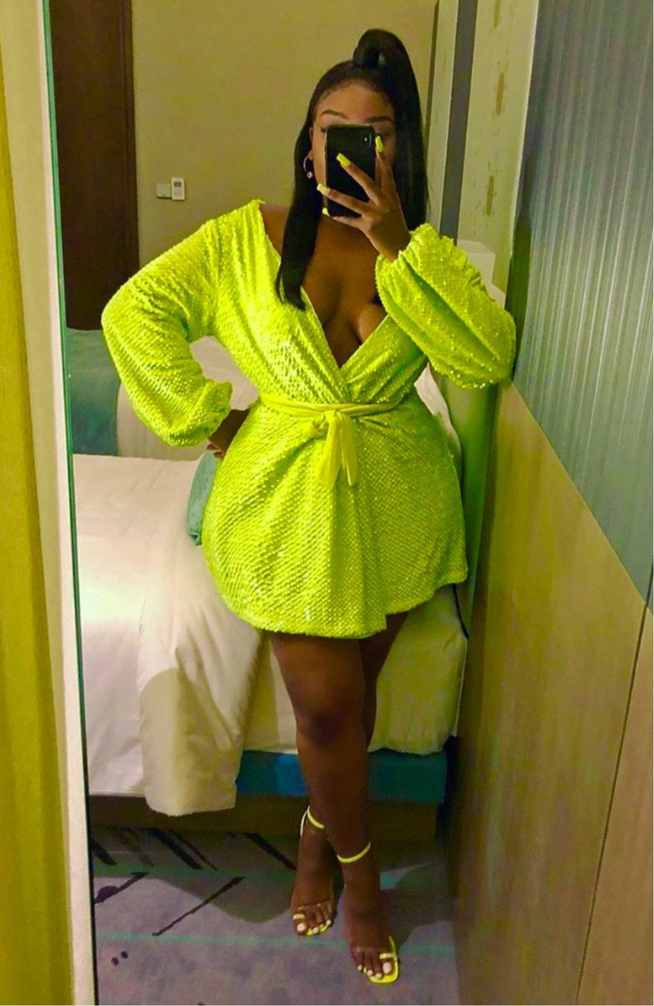 Long Sleeve Wrap Dress In Lime Green Sequin Velvet Long Sleeve Wrap Dress In Lime Green Sequin Velvet