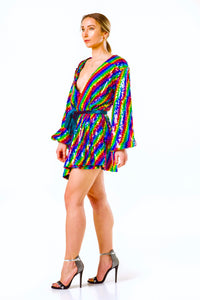 Long Sleeve Wrap Dress In Rainbow Sequin - V Karla Onochie