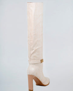 croc effect knee high boots in cream chameleon