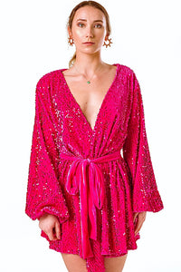 Long Sleeve Wrap Dress In Pink Sequin Velvet - V Karla Onochie