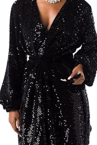 Long Sleeve Wrap Dress In Black Sequin Velvet - V Karla Onochie