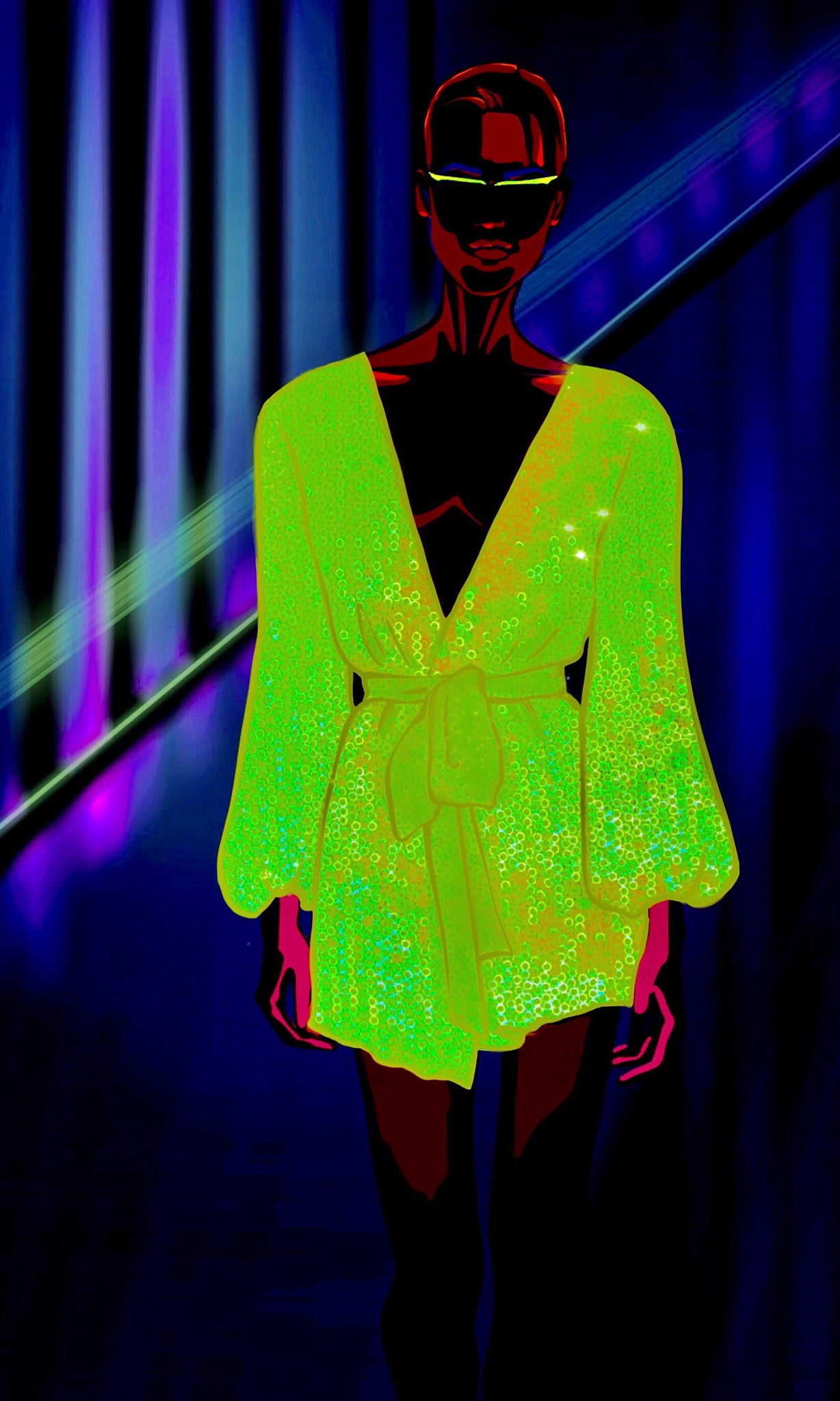 Long Sleeve Wrap Dress In Lime Green Sequin Velvet Long Sleeve Wrap Dress In Lime Green Sequin Velvet